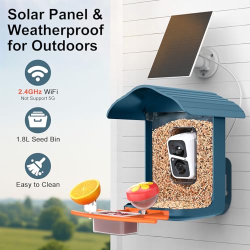 birdsnap® PAV Bird Feeder with Camera Solar Powered 2K Live Video 32GB Card | AI Bird Species Identification, Instant Arrival Alerts, IP65 Waterproof, Wild Bird Feeders for Outdoors, Gift for Bird Lovers - color: Blue