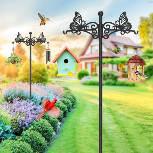 2Pcs Double Shepherds Hooks for Outdoor, 88" Adjustable Heavy Duty Bird Feeder Pole with 5-Prong Base & Butterfly Design, Shepherds Hooks for Garden Wedding Hanging Plant Lantern Wind Chime - color: Black-2