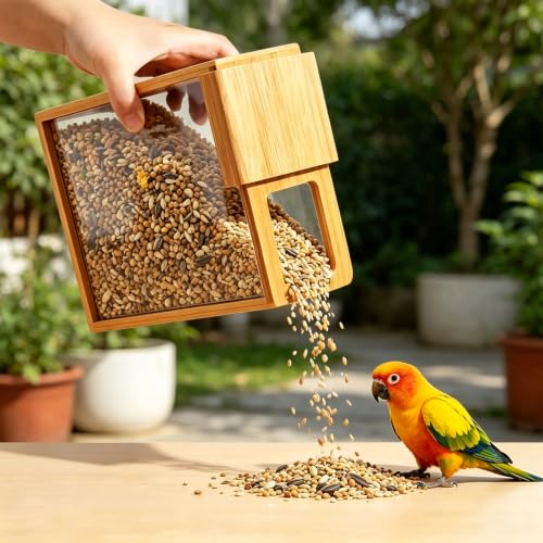 Bird Seed Storage Container, 3L/3.2Qt Airtight BPA-Free Wooden Bird Food Container - Portable Pet Food Storage for Wild Bird Seed, Sunflower Seed & Mealworms, Natural Wood Seed Dispenser
