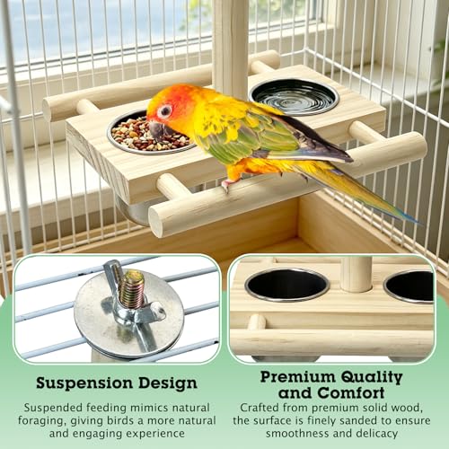 Tfwadmx Bird Perch with Stainless Steel Feeding Bowl Cups Parrot Wood Perch Stand Toy Hanging Feeder for Conures Cockatiels Budgie Lovebird