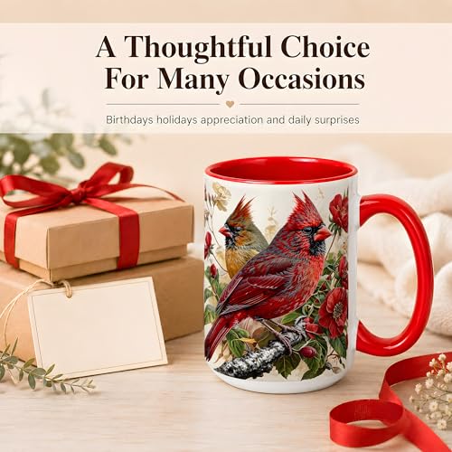 Botanical Cardinal Coffee Mug, Bird Lover Mug, Spring Garden Nature Gift for Home Office, Red Bird Pair with Floral Branch Artwork, Ceramic Red Accent Handle Cup 15 Oz Drinkware (Cardinal 15Oz) - color: Cardinal 15Oz