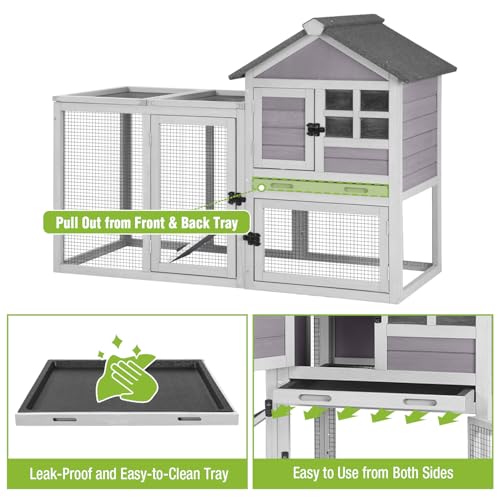 GUTINNEEN 51.6" Large Rabbit Hutch with Chew-Proof Ramp, Small Chicken Coop with Run for Outdoor, Indoor Bunny Cage Guinea Pig House with Leak-Proof Tray (Grey)