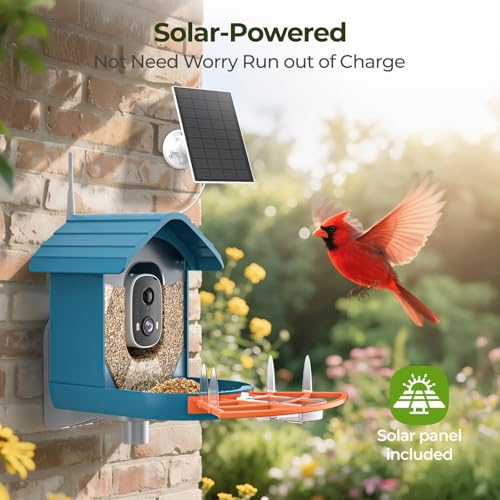 Smart Bird Feeder with Camera Solar Powered for Outside Birdhouse with Camere, AI Identify Birds Species, FHD Live Video, Instant Arrival Alerts, Ideal Gift for Family or Bird Lovers (Azure Blue)