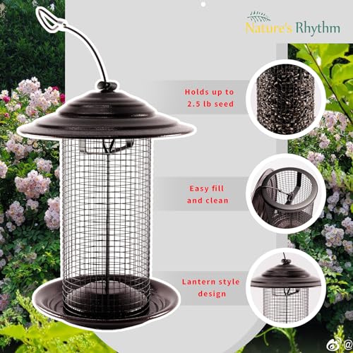 Outdoor Metal Mesh Bird Feeder, Cylindrical Metal Mesh Feeder with Dome Lid Feeder, Holds 2.5lb of Seed, Suitable for Multiple Seeds, Suitable for Multiple Birds