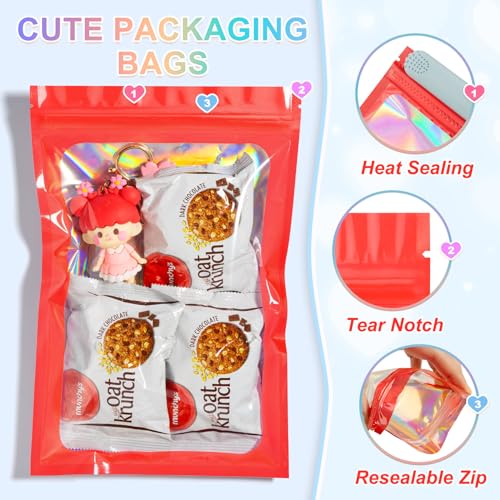 ANZNKU 100PCS Holographic Red Mylar Bags, Resealable Smell Proof 6.3x9.4 | Sealable Pouches with Clear Window, Small Business Jewelry Candy Treat Sample Packaging, Plastic Zip Goodie Gift Baggies - color: Red, size: 6.3 x 9.4 Inch