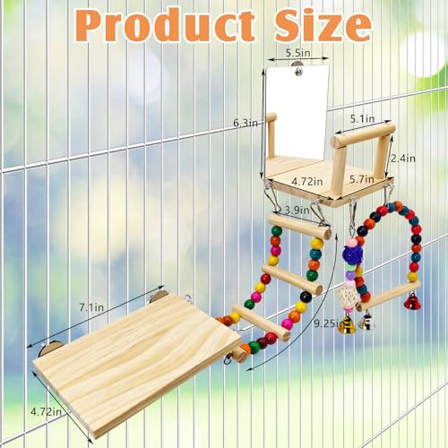 BNOSDM Bird Perch Platform with Mirror, Wooden Climbing Ladder for Parakeet, Small Bird Swing Toys with Hanging Chewing Balls Parrot Cage Accessories Budgie Playground for Cockatiel, Lovebird, Conure - color: 6in1 Bird Perch Platform
