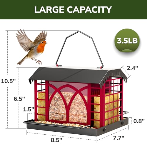 Bird Feeders for Outdoors Hanging, Metal Bird Feeder with Double Suet Cage Weatherproof Metal Roof, 3.5Lbs Large Capacity Great for Attracting Finch Cardinal Chickadee Wild Birds, Berry Red - color: Berry Red