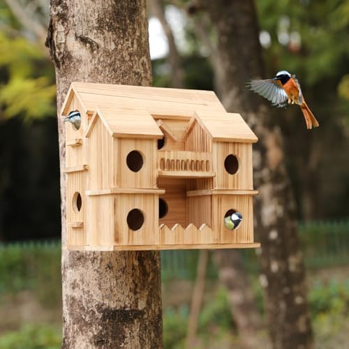 Wooden Bird Houses for Outside, 10 Holes Multi-Chamber Bird House, 1.37" Entrance Hole for Small Birds, Decorative Outdoor Bird Nesting Box
