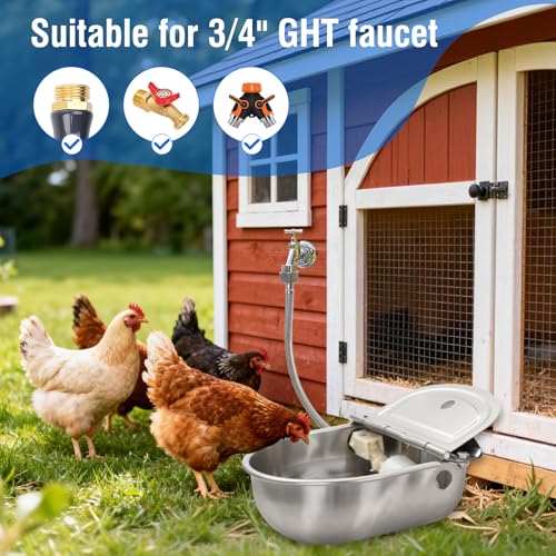 2-Pack Automatic Livestock Waterer, 304 Stainless Steel Auto Fill with Float Valve, Drainage Hole & Baffle, with 39" Hose (3/4"), Wall/Floor Mount, for Dogs, Chickens, Horses, Goats, Pigs