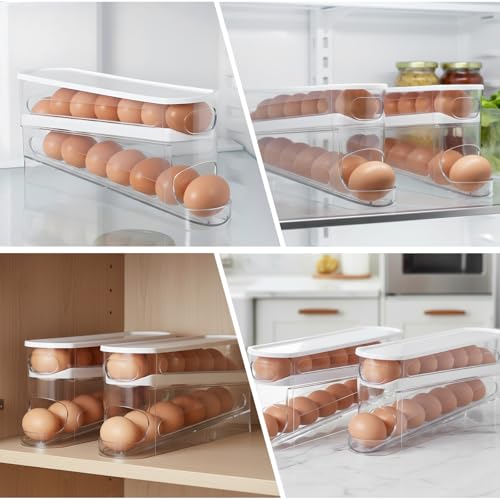 2 Pack Egg Dispenser for Refrigerator 4 Floors Eggs Holder for Fridges | Auto Rolling Fridge Egg Carton,14 Grid Space Saving Clear Eggs Storage Box,Rolls Stackable Container, with Lid for Kitchen