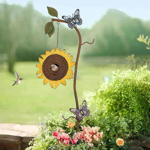 BAYN 57” Bird Houses Stake for Outside, Metal Wild Bird Feeder Birdhouse Stake Pole with Sunflower Design Outdoor Decorations for Patio, Backyard, Garden - style: Sunflower