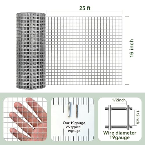 AMAGABELI GARDEN & HOME Hardware Cloth 1/2 inch 16 in x 25 ft Galvanized After Welding 19 Gauge Square Chicken Wire Fence Mesh Roll Raised Garden Bed Plant Supports Poultry Netting Cage Snake Fence - size: 1/2" 16"x25'