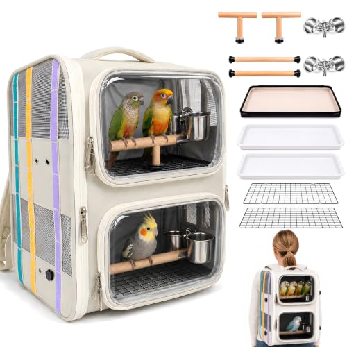 Dual-Level Bird Backpack, Portable Parrot Travel Cage with Removable Divider for 2-4 Small to Medium Birds or 1 Larger Bird,Parrot Bag Carrier with Perch Rods, Feeding Bowls and Trays (Beige)