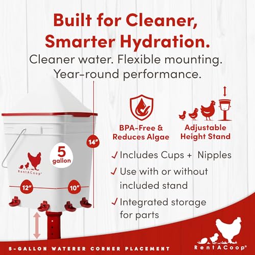 RentACoop 5 Gallon Chicken Waterer with 4 Auto-Fill Water Cups, 4 Horizontal Nipples, and Custom Adjustable Stand; BPA-Free; Large Capacity Poultry Waterer- Corner Placement