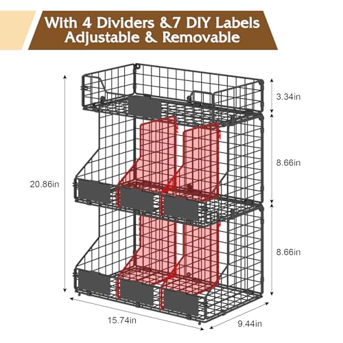 Egg Holder Countertop, 3-Tier Egg Rack, Stackable Wire Baskets | 3 iron baskets; 7 labels; 4 adjustable dividers; stackable or wall mounted - color: Black
