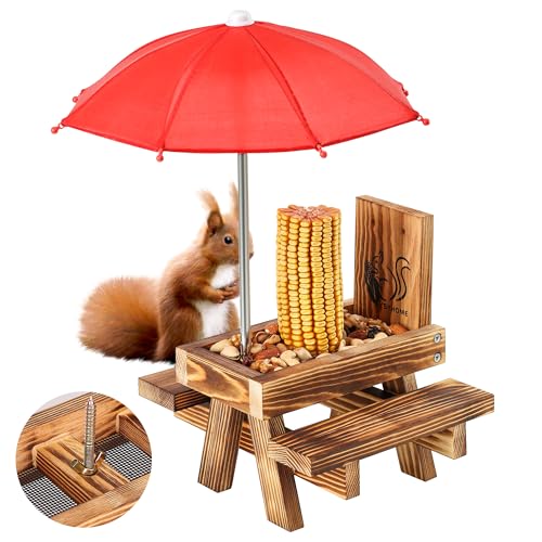 Squirrel Feeder for Outside with Umbrella, Carbonized Wood Squirrel Picnic Table Feeder with Corn Cob Holder & Peanut Tray, Durable Picnic Table for Squirrel and Chipmunk, New Premium Gift (Brown-red) - color: Brown-red