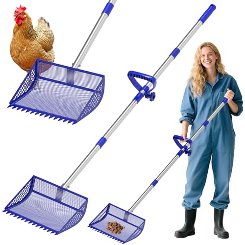 VEEMI Chicken Poop Scooper Rake 2-in-1,304 Stainless Steel Shovel Head, Chicken Litter Scoop with Handle for Chicken Coop for Sand, Pet Waste Cleaning, Litter Sifting Shovel (35 to 65")