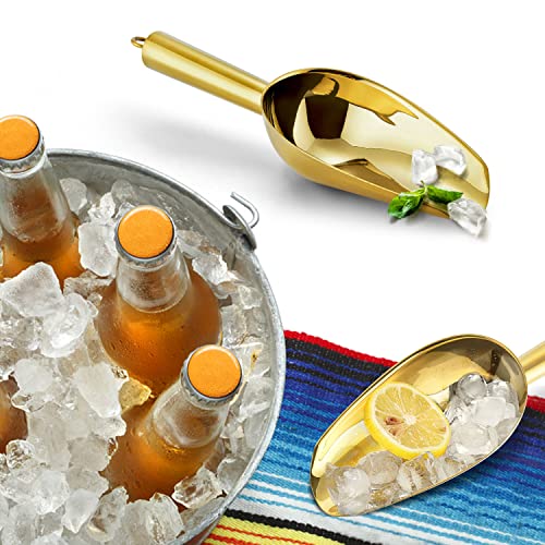 6 Ounce Ice Scoop Set of 2, E-far Gold Stainless Steel Small Scoops for Ice Cube/Candy/Flour/Sugar, Metal Utility Scoops for Canisters, Baking, Kitchen Pantry, Rust Free & Dishwasher Safe - color: Gold