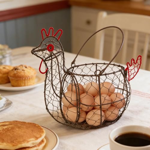 Rooster Shaped Chicken Wire Egg Basket for Gatheirng Fresh Egg | Chicken Egg Basket,Metal Egg Collecting Basket with Handle, Farmhouse Countertop Decor, Chicken Coop& Kitchen