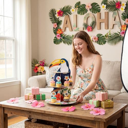 3 Tier Hawaiian Party Decor Bird Toucan Cupcake Stand Tropical Birds Cupcake Tower Luau Aloha Themed Cake Holder for Summer Luau Hawaiian Beach Pool Rainforest Birthday Party Decor Supplies - style: Hawaiian