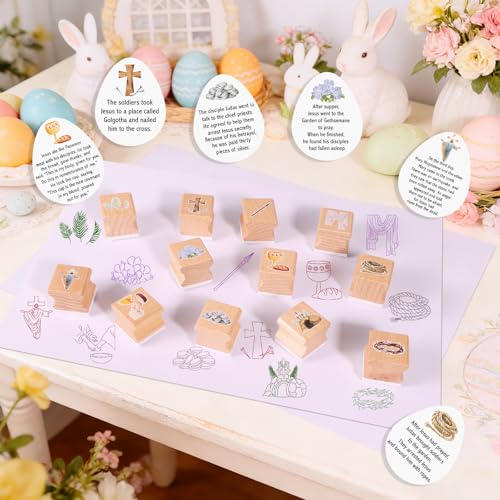 HOWAF Christian Easter Gifts Set, Include 12pcs Resurrection Eggs Stamps and 12 Religious Easter Story Cards for Resurrection Decoration, He is Riren Inking Stamps, Jesus Lives Story Rubber Stampers