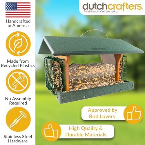 DutchCrafters Poly Hanging Large Hopper Bird Feeder with Two Suet Cake Holder Cages, Durable Long Lasting Outdoor Bird Feeder - Amish American Made in USA (Turf Green & Cedar) - color: Hanging - Turf Green & Cedar