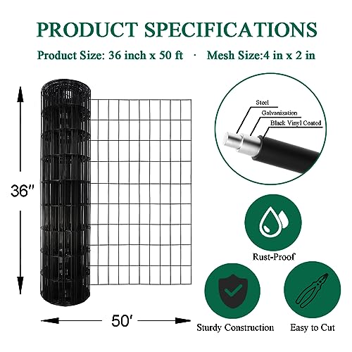 Black PVC Coated Welded Wire Fence 36" x 50' Roll, 2"x4" Mesh, 14 Gauge | Vinyl Coated Garden Fencing, Yard & Pet Barrier, Chicken Wire Fencing, Dog Enclosure Mesh, Vegetable Plant Protector - color: Black, size: 2''x4'' 14GA 36''x50'