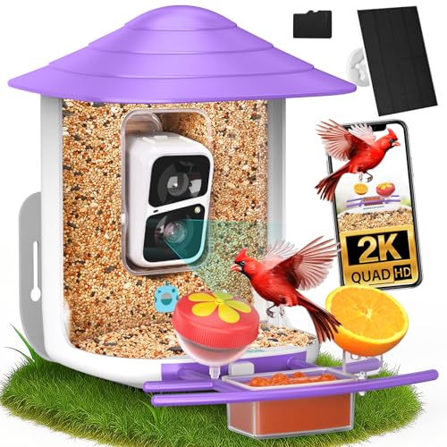 birdsnap® TUC Bird Feeder with Camera Solar Powered 2K Video with 32GB Card | AI Bird Species Identification, Squirrel-Proof, IP65 Waterproof, Outdoor Wireless, 2.4G WiFi, Gift for Mom Dad Bird Lovers - color: Purple