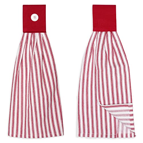 Tango Red and White Ticking Stripe Hanging Kitchen Dish Hand Towel Cotton with Button Accent, Set of 2 - color: Tango Red