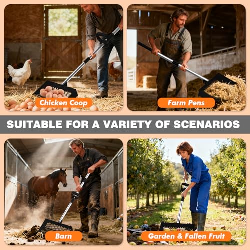 12 Inch Chicken Poop Scooper & Rake, 2-in-1 Stainless Steel Chicken Coop Scoop with Adjustable Handle, Litter Sifting Shovel Cleaning Tools for Chicken Coops, Yard Cleaning, Black[2026 Upgraded]