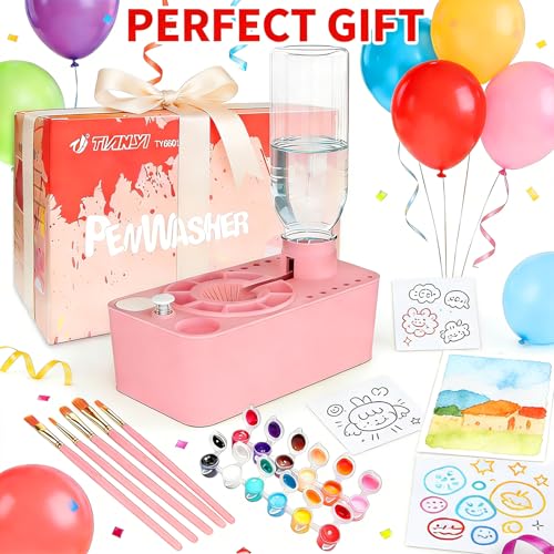 Paint Brush Cleaner Tool,Painting Running Water Circulation Art Supplies,with Brushes,Colors Paint,Watercolor Paper,Paint Station Creative Gift for Kids Girls Adult Artist Beginners - color: Pink