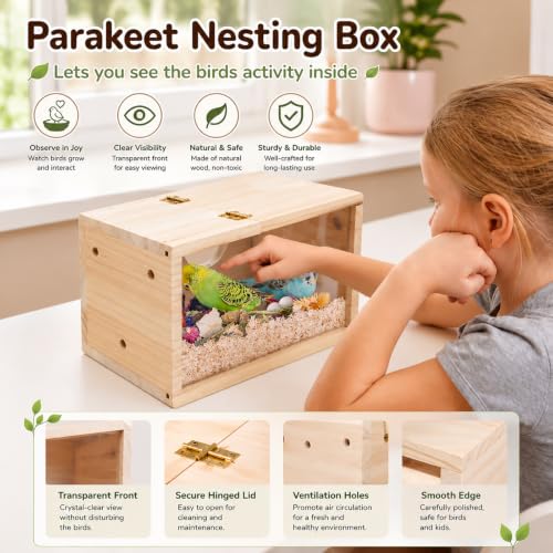 GINDOORParakeet Nesting Box,Transparent Cockatiel Nesting House(M) | Detachable Wooden Pine Bird Nest,Breeding box for Parrot, Lovebirds, Budgie, Conure, and Other Small Birds - size: S
