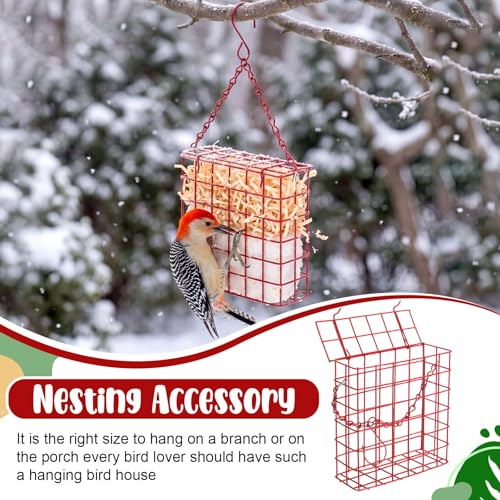 2 Set Hummingbird Nesting Material Hanging Cage Holder with Natural Cotton Raffia Gift for Bird Lover Hummingbird House Material for Wild Bird Outdoor Garden Home Resting Place (Red) - color: Red