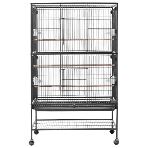 VEVOR Bird Cage, 31.5 x 20.5 x 52 inch, Flat Top, Wrought Iron Bird Flight Cage with Perches, Slide-Out Tray and Plastic Feeders, Casters, for Parrot, Blue Tit, Cockatiel, Canary, and Monk Parakeet - size: 31.5"L x 20.5"W x 52.0"H