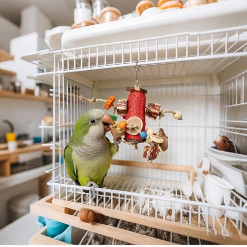 Natural Loofah Parrot Chew Toy - Hanging Bird Shredding Foraging Toy with Colorful Rope, Wood Blocks & Beads for Macaws, Cockatoos, African Grey, Conures - Bird Cage Chewing Entertainment Toy.