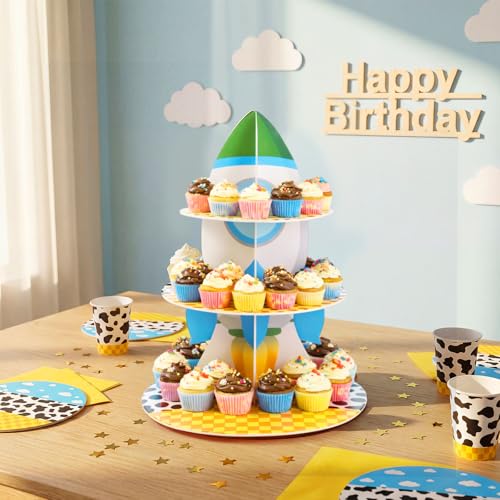 3 Tier Cartoon Story Party Decoration Cupcake Stand Cartoon Story Cupcake Tower Rocket Cake Holder Dessert for Birthday Party Baby Shower Dessert Table Decor Supplies - style: Toy