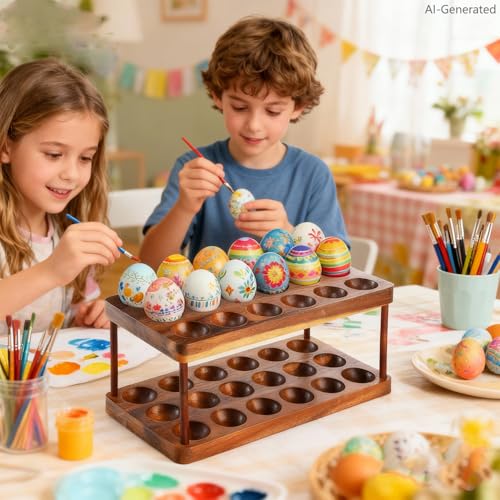 Linwnil Acacia Wood Egg Holder for 36 Eggs, Rustic Countertop and Refrigerator Storage Tray, Farmhouse Kitchen Organizer with 1.5" Holes, Easy Clean Deviled Plates for Easter Decor,11.5" x 5.75" (2)