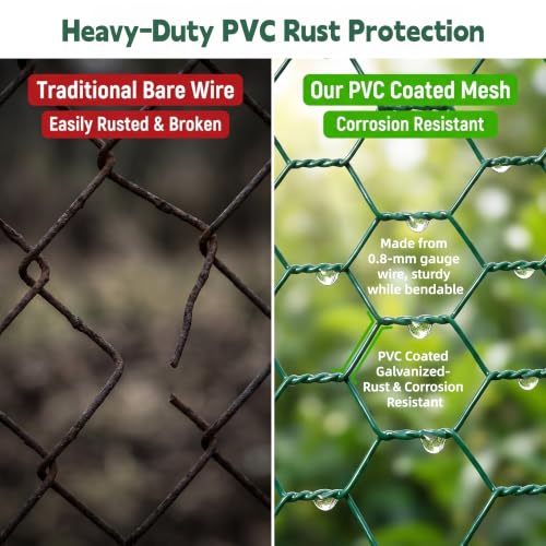 16in x 40ft PVC Coated Chicken Wire Mesh Fence | Garden Barrier Cloche & Tree Trunk Guards Kit with 100 Zip Ties, 30 U-Stakes, Gloves & Pliers for Outdoor Plant Protection - size: 40Ft x 16In