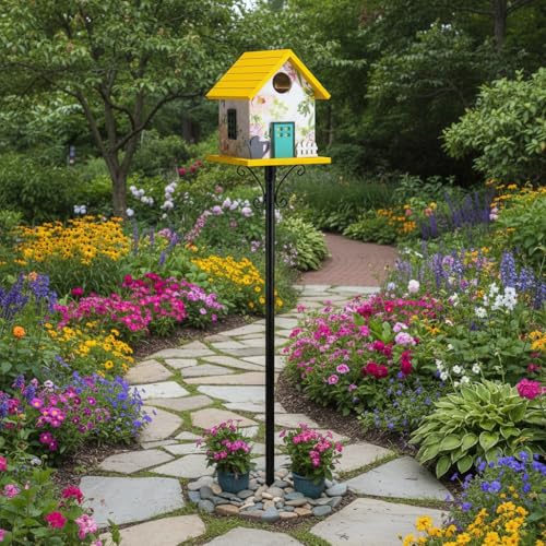 CEDAR ALPHA Spring Melody Bluebird House, Composite Material Nesting Box, Hanging Birdhouse for Blue Bird,Sparrow, Chickadee, Birdhouse for Outside, 5 Years Weatherable Bird Box on Post for Pole (A) - color: Yellow