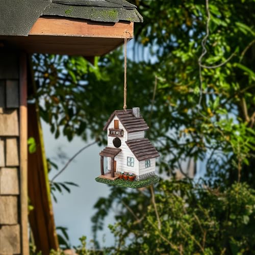 Yinns Resin Bird House, Decorative Home Bird House for Outside Garden Decor | Birdhouses for Outdoor Nesting, Decorative WaterProof Bird Houses for Yard Cardinal Bluebird Wild Birds Nesting - color: White Village House