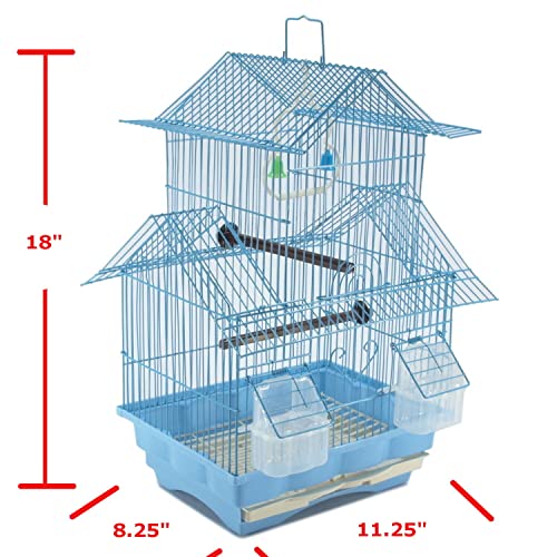 Small Blue 18-inch Wire Bird Cage for Budgies, Parakeets, Finches, Canaries, Lovebirds, Quaker Parrots, Cockatiels, Conures - Perfect Travel Cage and Hanging Bird House