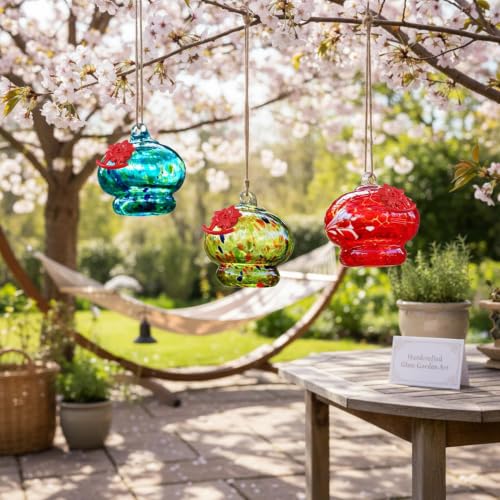QFkris 3 Pack Small Glass Hummingbird Feeder for Outdoors Hanging | 3.2" Blown Glass Humming Bird Feeder with Flower Feeding Ports for Outside, Garden Backyard Decor, Gifts for Women - color: Multi