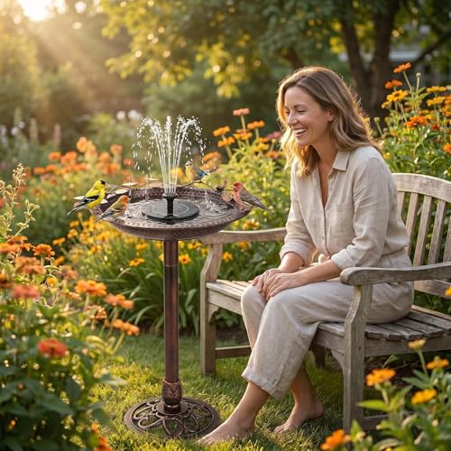 Metal Bird Bath with Solar Fountain Pump & LED Lights, 34" Tall Iron Birdbath for Outdoors, Heavy Duty Cast Iron Pedestal Bird Bath for Garden Yard Patio Lawn Deck, Bronze Finish