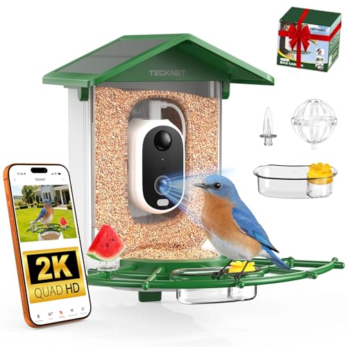 TECKNET Smart Bird Feeder with Camera, 2K UHD Video, AI Bird Species Identification, Instant Arrival Alerts, Solar Powered, Waterproof Birdhouse Camera, Gift for BirdLovers, Family, Green