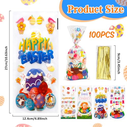 Easter Treat Bags, 100PCS Easter Cellophane Treat Bags Gift Candy Cookie Snack Bag Cellophane Bag for Goodies with Twist Ties Eggs Bunny Clear Cello Treats for Easters Spring Party Favors Supplies - color: Easter, size: 1 count (Pack of 100)