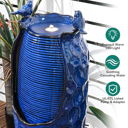 Autodaya 33" Vase Ceramic Outdoor Water Fountain with Lights and Birds | cobalt blue glazed water feature with textured design, ambient soothing cascading water flow for garden patio yard sanctuary - color: 33"h-hammered Cobalt Blue