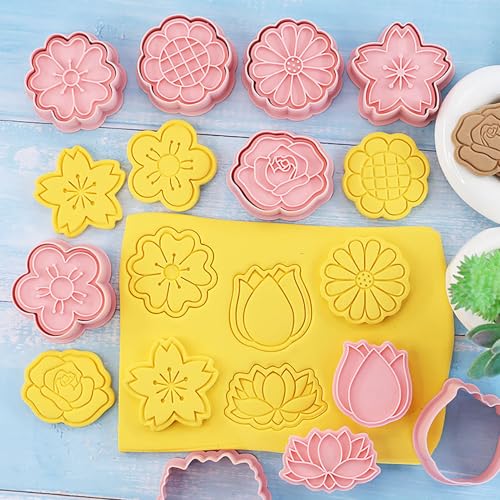Flower Cookie Cutters 8Pcs Rose Tulip Lotus Biscuit Molds for Floral Baking | 3D Embossing Rose Cherry Blossom Daisy Molds for Wedding, Spring Party Homemade Pastries - color: Flowers