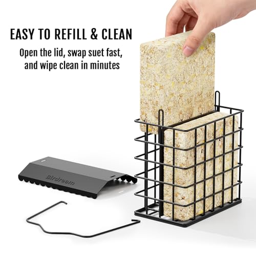 Birdream Double Suet Bird Feeders for Outdoors, All Metal Bird Suet Cakes Cage Holder with Weatherproof Roof, Easy to Refill & Clean, Attract Woodpeckers, Chickadees, Nuthatches, Black
