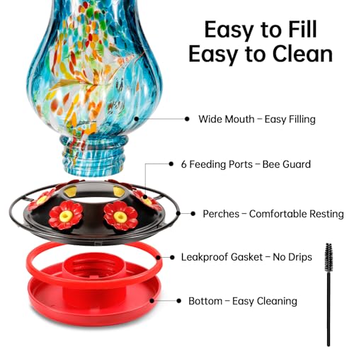 DesGully Solar Hummingbird Feeder for Outdoor - 25 fl.oz Hand Blown Glass Hummingbird Feeders for Outdoors Hanging, Large Capacity with Moat, 6 Colors Changing Light Outside Garden Decor (Blue) - color: Blue