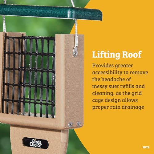 Birds Choice Pileated Suet Feeder with Tail Prop, Holds 2 Suet Cakes | Hanging Suet Bird Feeder for Woodpeckers, Jays, Nuthatches | Sturdy for Garden & Backyard | Taupe & Green, 8" L x 3" W x 22.5" H | Hanging Feeder for Woodpeckers, Jays and Nuthatches,